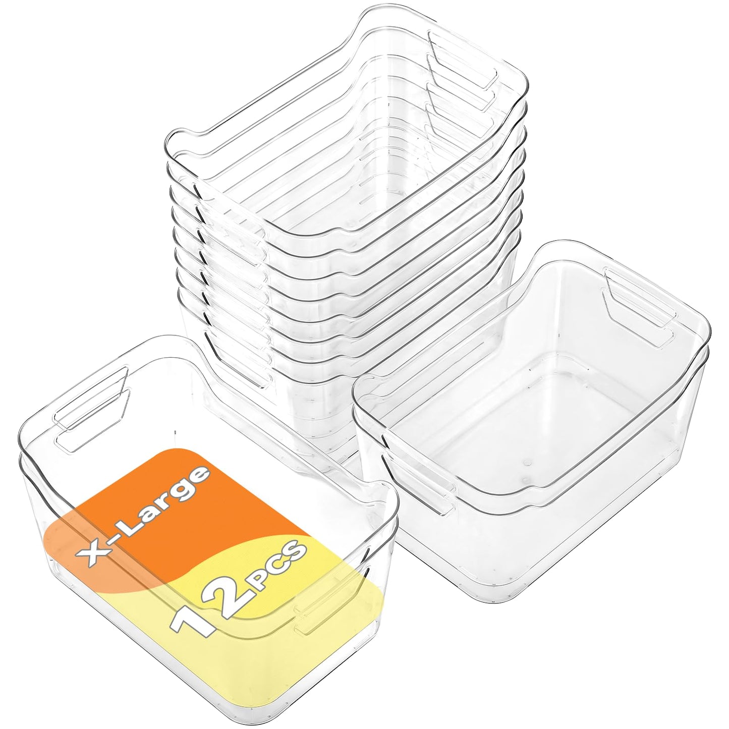 12 Pack Clear Plastic Storage Bins, Pantry Organizers and Storage, Clear Pantry Organizer Bins, Plastic Containers with Handle for Kitchen,Freezer,Cabinet,Closet,Bathroom Under Sink Storage
