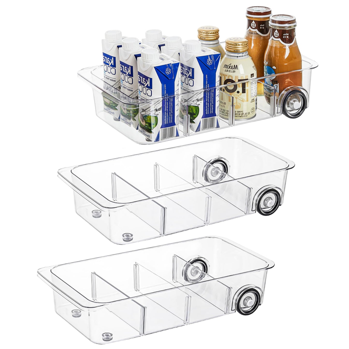 Attelite RollOut Refrigerator Drawer Organizer and Storage Clear Design with Dividers, Fridge Organizer on Wheels, Upgrade Thick Plastic Pantry Storage Bins, Kitchen Organization 2 Set