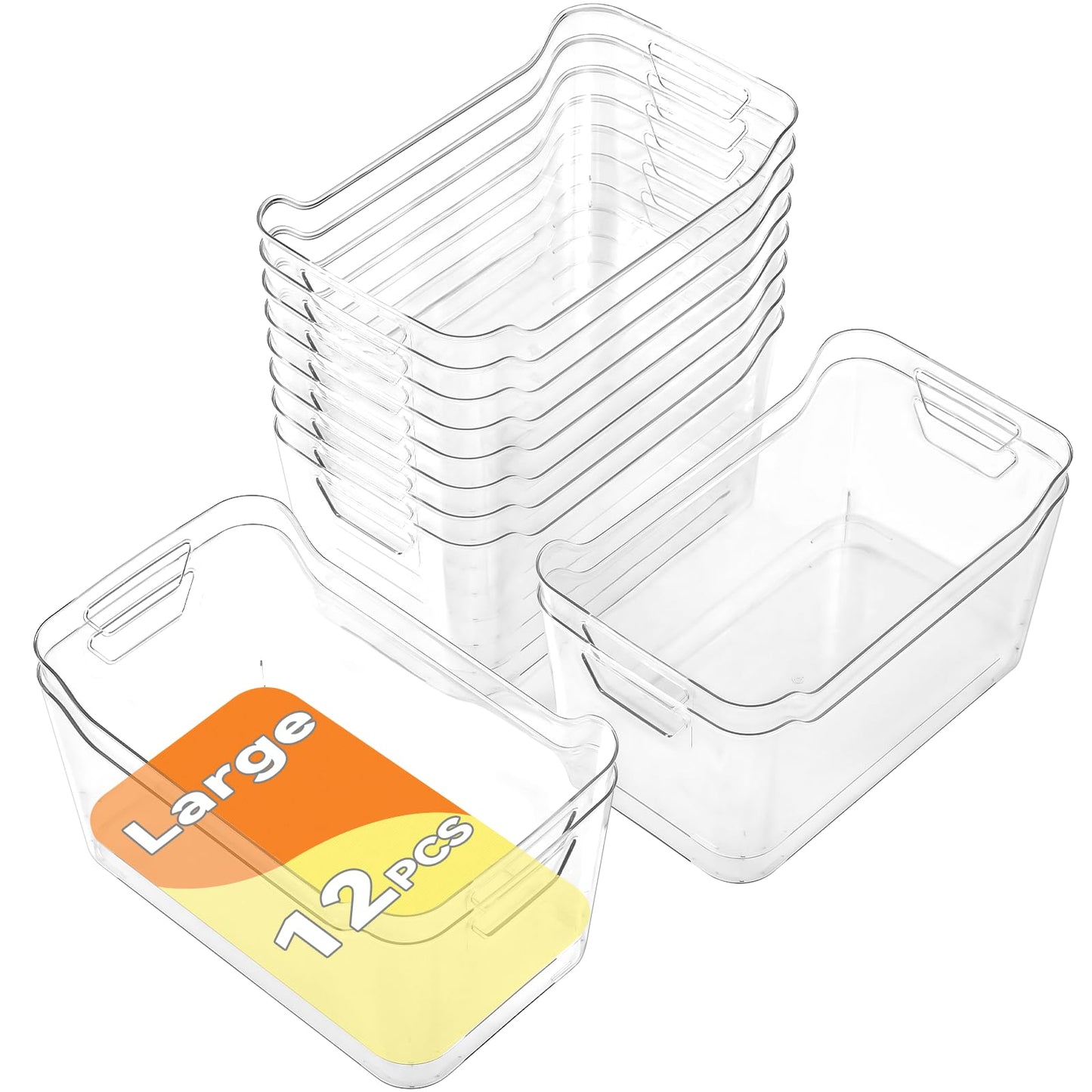 12 Pack Clear Plastic Storage Bins, Pantry Organizers and Storage, Clear Pantry Organizer Bins, Plastic Containers with Handle for Kitchen,Freezer,Cabinet,Closet,Bathroom Under Sink Storage